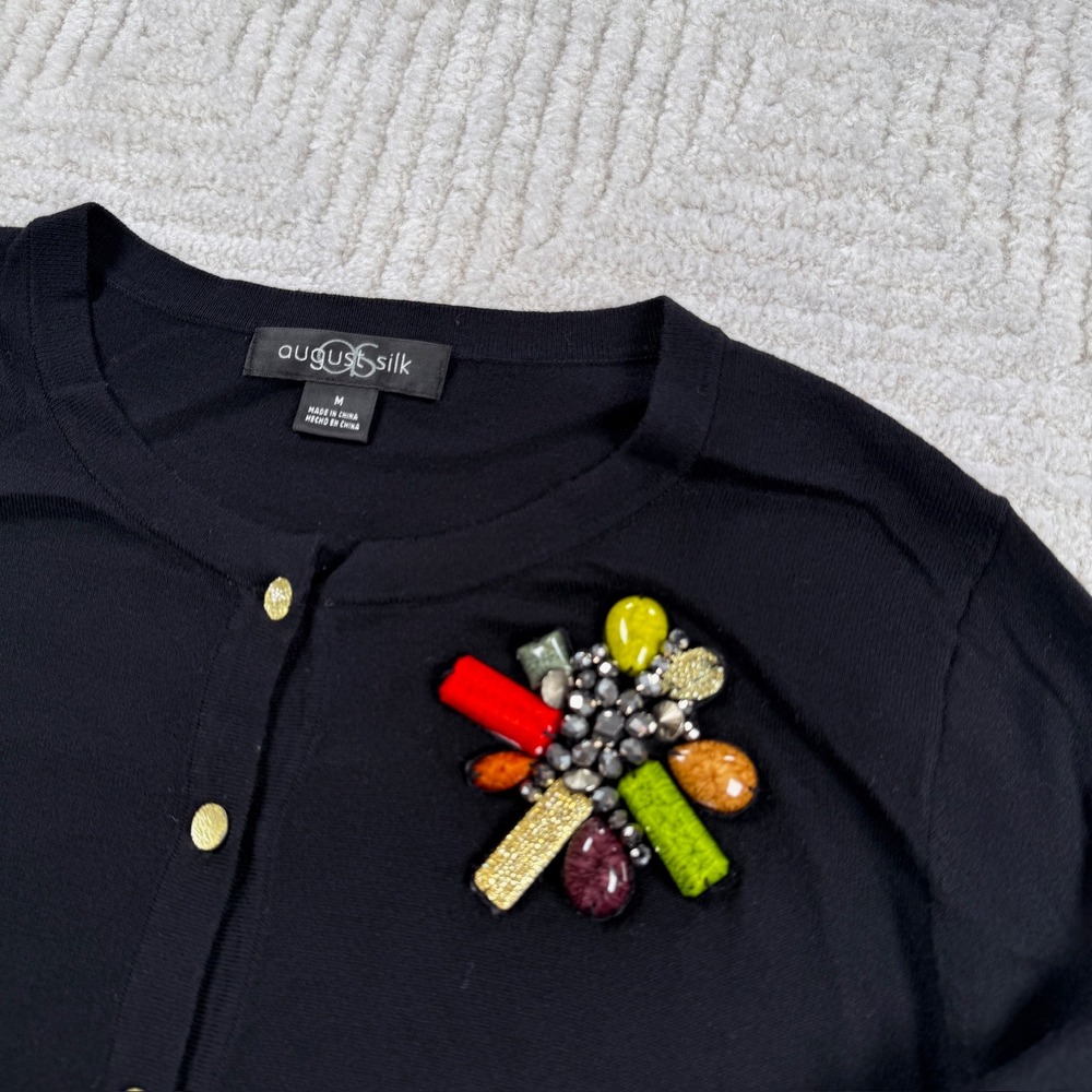 August Silk Cardigan Women's Medium Black Beaded Jeweled Art To Wear Cottagecore - Picture 5 of 12